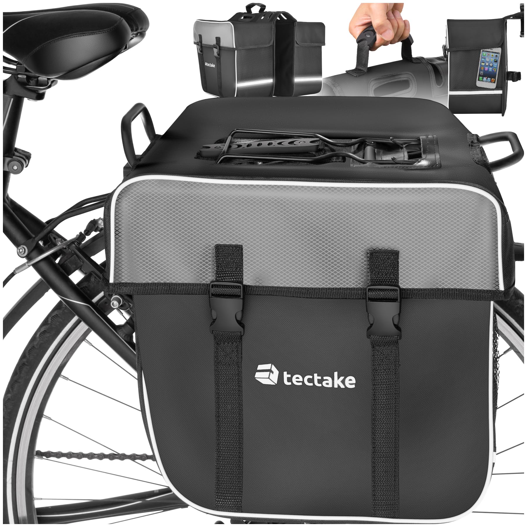 tectake 401616 Gepäckträgertasche für Fahrrad, 35 L, Fahrradtasche für den Gepäckträger, wasserabweisendes PVC, Doppeltasche mit Reflektorstreifen und Tragegriff von tectake