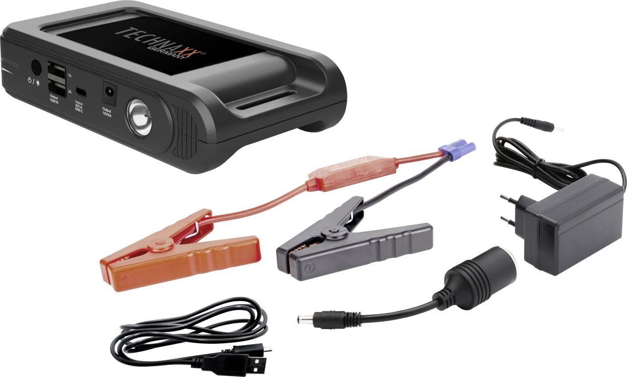 Technaxx 12000 mAh Starthilfe mit Powerbank für Auto Starterbatterie (Benzinmotoren bis zu 4.0L / Dieselmotoren bis zu 2,5 L) TX-218 - Starthilfegerät mit 2X USB-A Anschluss & LED-Leuchte von technaxx