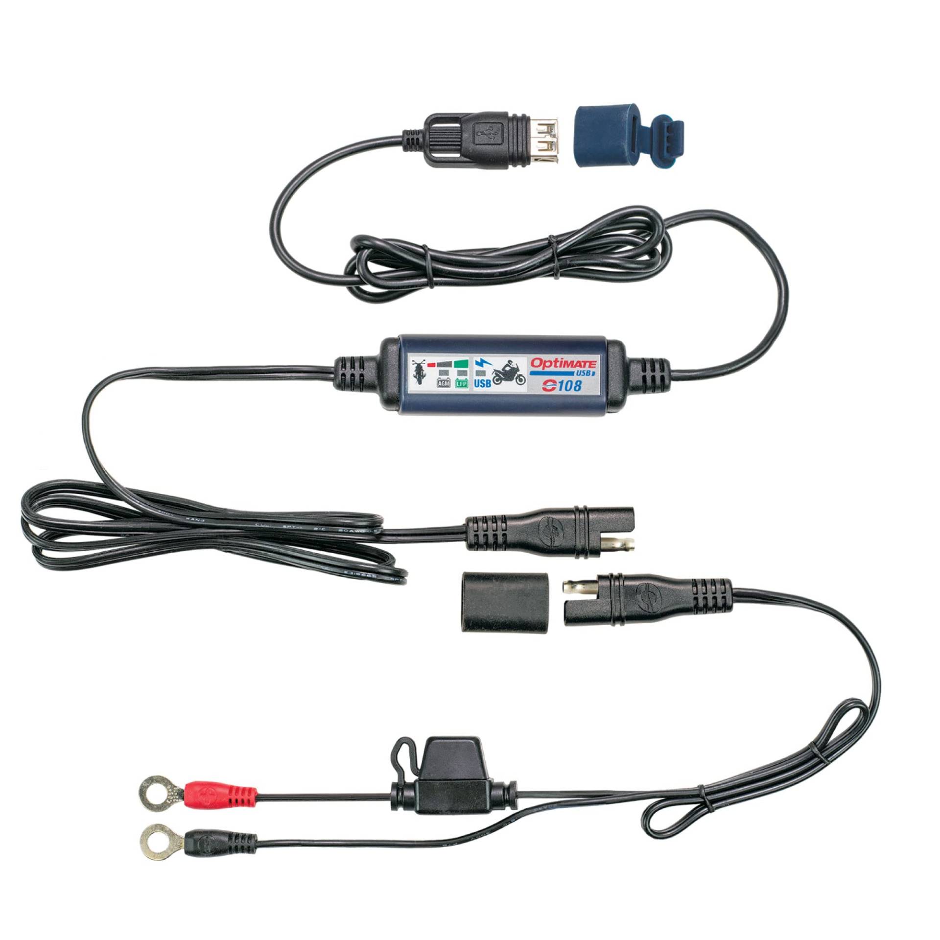 OptiMate TecMate, USB O-108KIT, Das vollständig gekapselte Inline-Akku an USB 3300mA Ladegerät mit 200 cm / 80″ Kabel ermöglicht EIN sicheres und schnelles USB-Laden jedes Geräts, das außen am Lenker von Tecmate