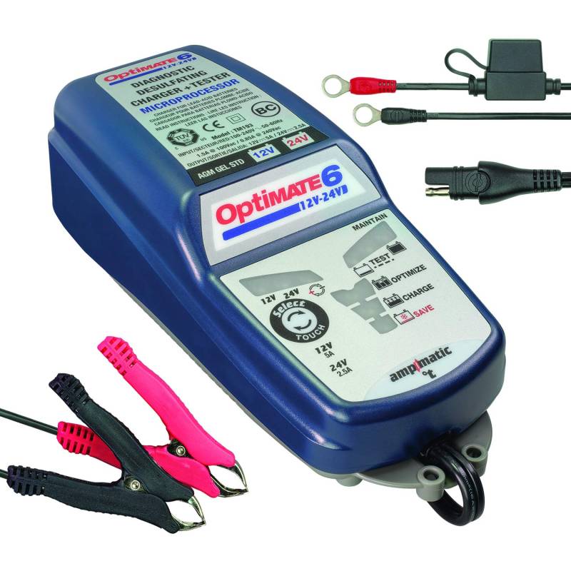 TecMate OptiMate 6 12V-24V, TM194, 2V 5A/ 24V 2.5A Vollautomatische Batterieladegerät für Starter - und Deep Cycle Batterien von Tecmate