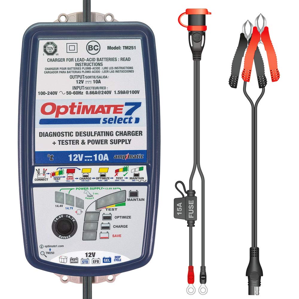 TecMate OptiMate 7 Select TM250, 12V 10A 9-stufiges Batterieladegerät für Spiralzelle und gekapselten Starter - oder Tiefzyklus-Hochleistungs Batterien von Tecmate