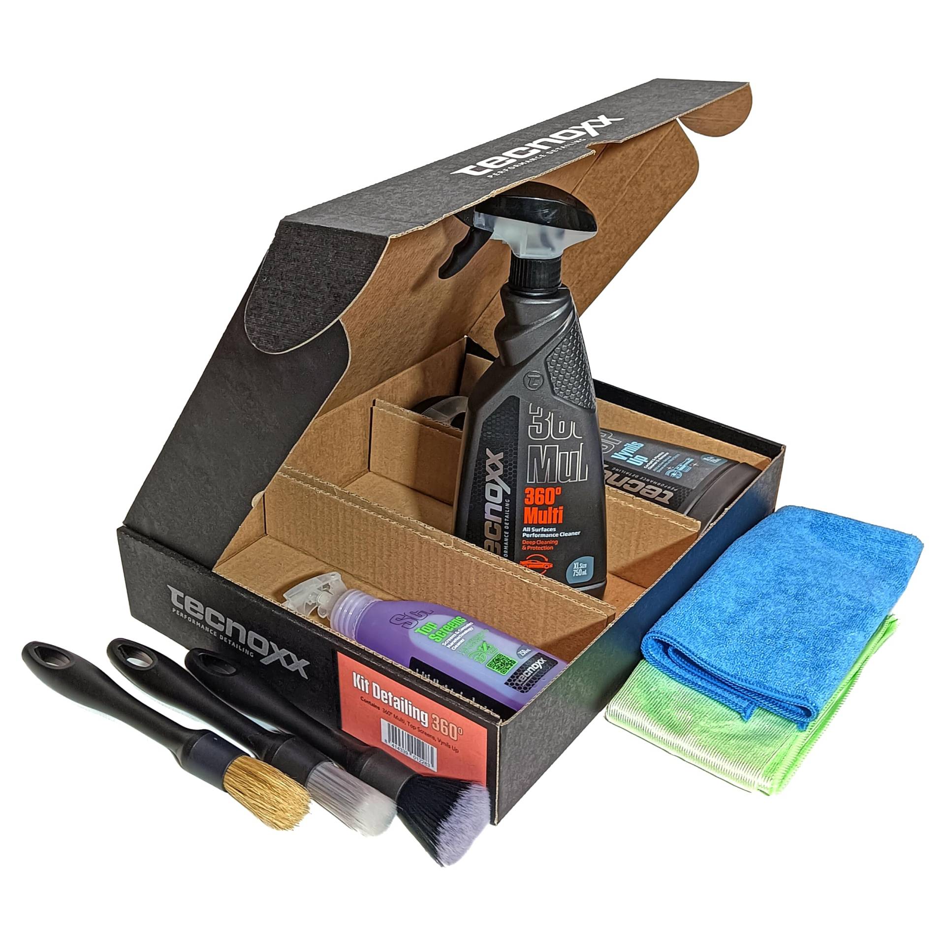 Tecnoxx - Kit Detailing 360 Set von 3 Pro-Produkten zur Reinigung von Innen und Außenbereichen von Autos Cockpit-Hydratator Touchscreen-Reiniger Multifunktionsprodukt Pinselset und 2 Mikrofasertüchern Tecnoxx - Kit Detailing 360 Set von 3 Pro-Produkten zur Reinigung von Innen und Außenbereichen von Autos Cockpit-Hydratator Touchscreen-Reiniger Multifunktionsprodukt Pinselset und 2 Mikrofasertüchern von Tecnoxx Performance Detailing