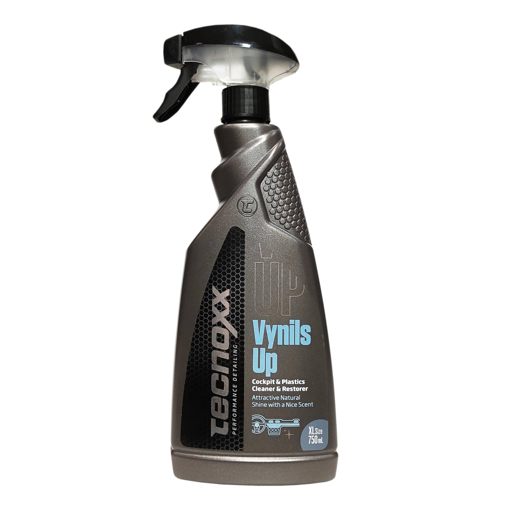 Tecnoxx – Vynils Up Reiniger und Glanzmittel für den Innenraum, parfümiert für profilierte Armaturenkonsolen 750 mL Sprühbehälter XL von Tecnoxx Performance Detailing