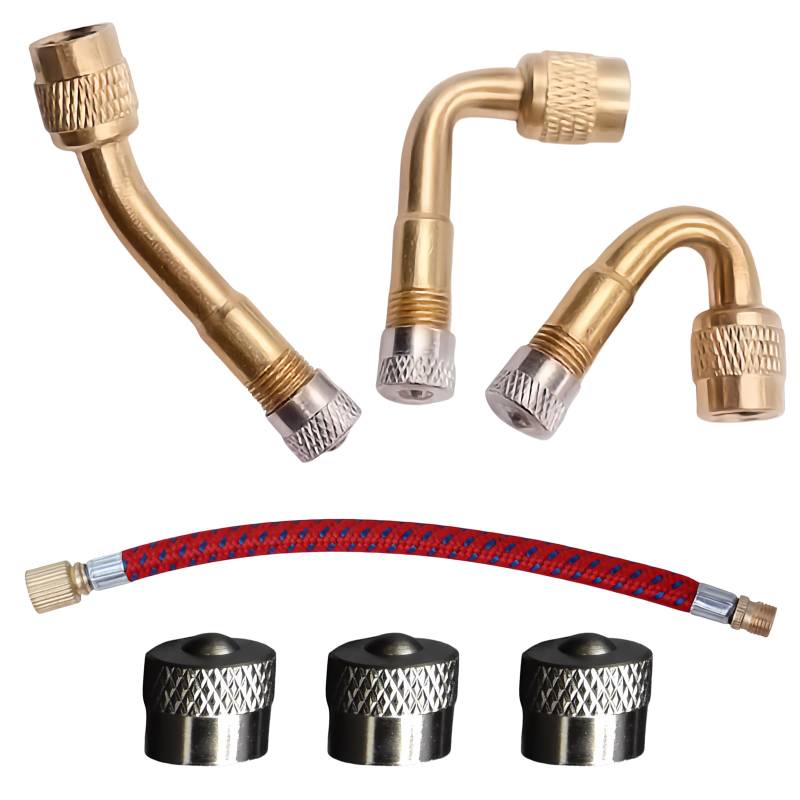 TenaLucy 7 Stücke Ventilverlängerung,45 90 135 Grad Winkelventil Autoventil Kupfer Reifenventilverlängerung Gummi Reifen Ventilverlängerung,für Auto Motorrad Fahrrad Scooter Schrader Ventile (Gold) von TenaLucy