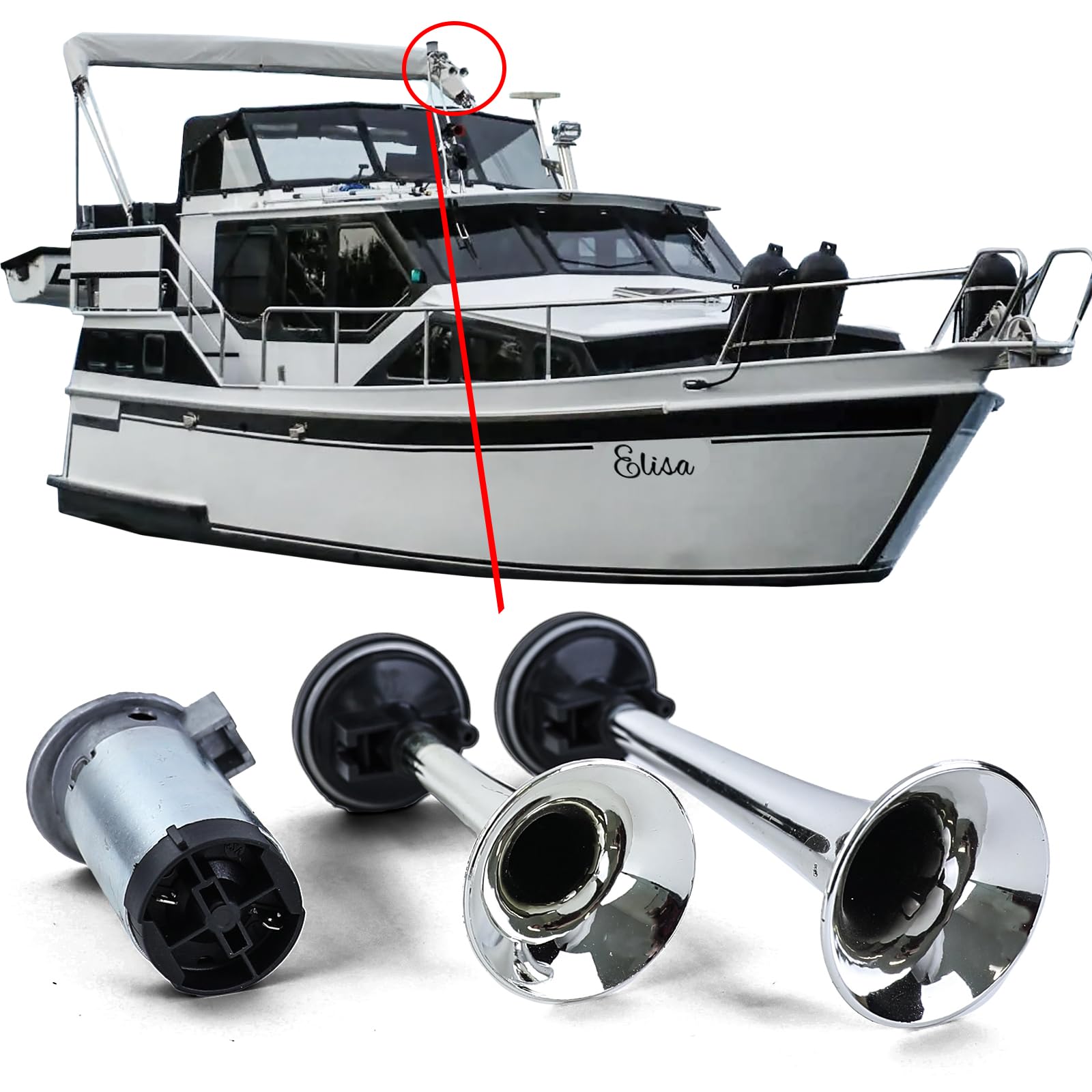 2 Klang Boots-Fanfare CHROM Hupe mit Kompressor 12 Volt 2 Klang Boots-Fanfare CHROM Hupe mit Kompressor 12 Volt von Tenzo-R