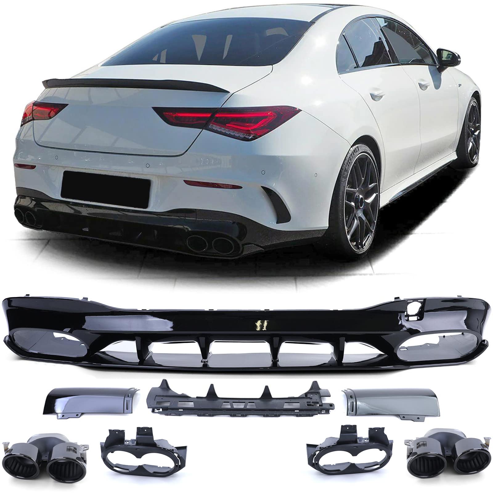 Heckdiffusor Schwarz Glanz + Doppel Endrohre Schwarz für Mercedes CLA C118 X118 von Tenzo-R