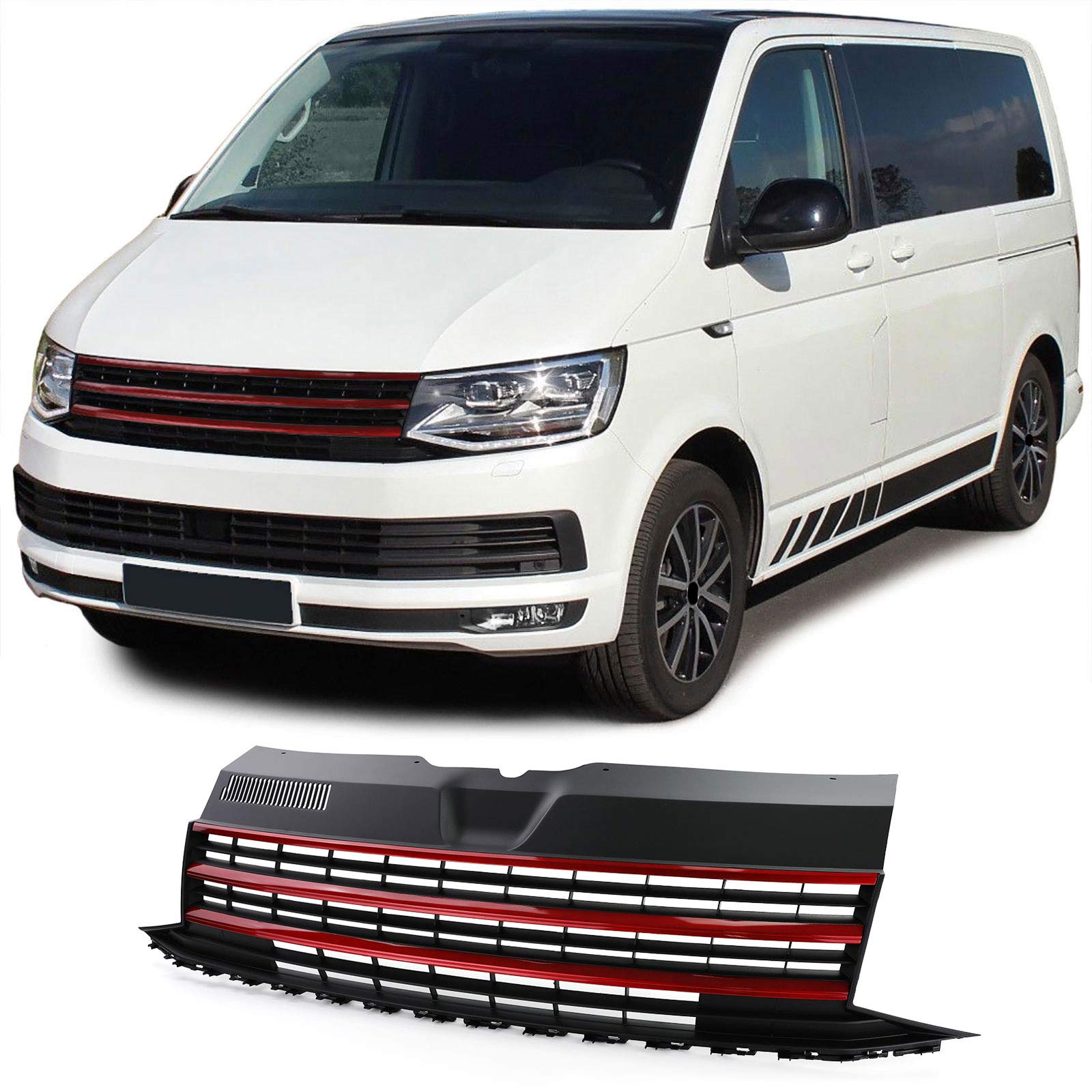 Kühlergrill ohne Emblem mit roten Leisten für VW T6 Bus Transporter 15-19 von Tenzo-R