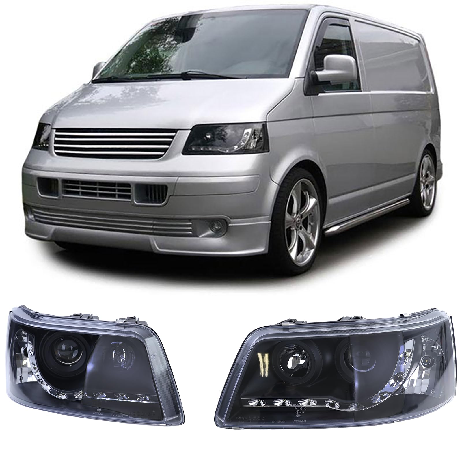 Scheinwerfer mit LED Tagfahrlicht Optik Schwarz für VW Transporter Bus T5 03-09 Scheinwerfer mit LED Tagfahrlicht Optik Schwarz für VW Transporter Bus T5 03-09 von Tenzo-R