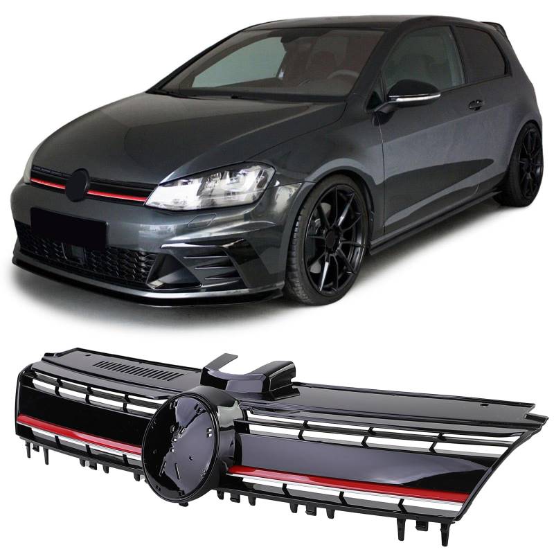 Performance Kühlergrill Schwarz Glanz mit roter Leiste für VW Golf 7 + GTI 12-17 von Tenzo-R