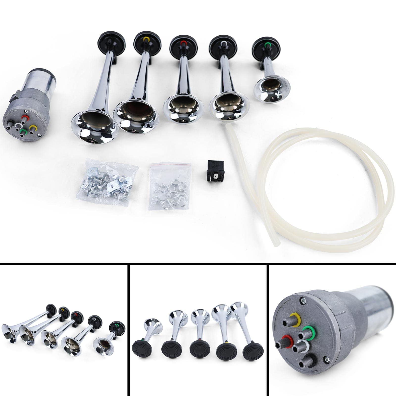 Tenzo-R 5 Klang Fanfare Hupe La Cucaracha Melodie mit Kompressor Chrom 118dB 12 Volt Universell für Fahrzeuge von Tenzo-R