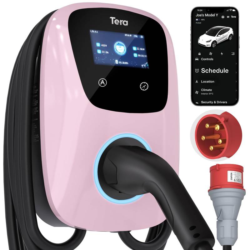 Tera EV Ladegerät Smart APP: 32A Typ 2 22kW oder 11kW Heim Ladestation 400V CE & TÜV Wallbox 7m Ladekabel mit Ladegerätehalter App-Steuerung CEE 3-Phasen Stecker für Alle EVs und PHEVs W01 Hellrosa von Tera
