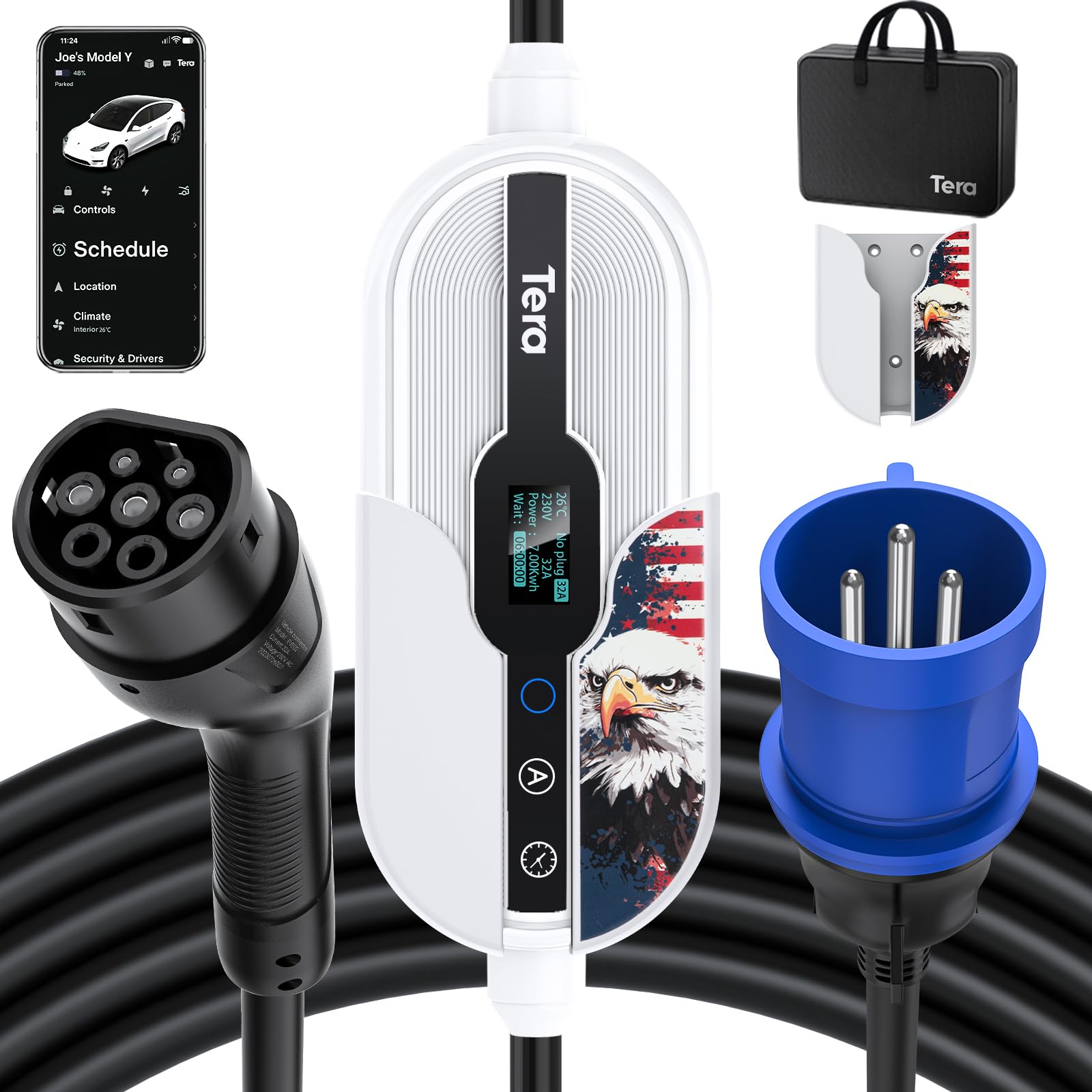 Tera Tragbares Elektrofahrzeug Ladegerät: 7,6KW Typ 2 EV-Ladegerät mit 32 Ampere und 240V WLAN & Bluetooth Einstellbarer Strom 7m Ladekabel mit Halterung CEE 3-Phasen-Stecker IEC 60309, Weiß Adler Tera Tragbares Elektrofahrzeug Ladegerät: 7,6KW Typ 2 EV-Ladegerät mit 32 Ampere und 240V WLAN & Bluetooth Einstellbarer Strom 7m Ladekabel mit Halterung CEE 3-Phasen-Stecker IEC 60309, Weiß Adler von Tera