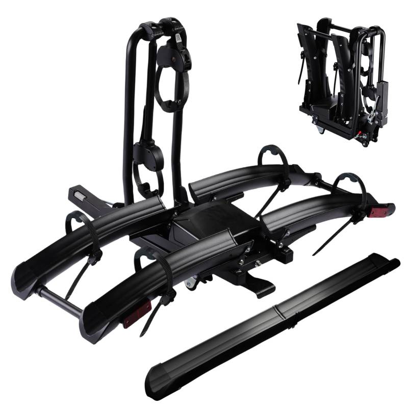 Terriplaze Faltbarer Elektrofahrradträger mit Rampe für 5,1 cm Empfänger, 2 Fahrradträger für Auto, bis zu 10,2 cm dicke Reifen, 61,7 kg Kapazität, mit Schlössern, neigbar, Räder für einfachen von Terriplaze