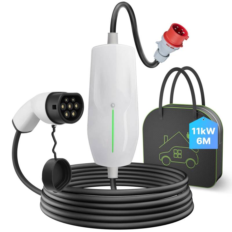 Teskee Mobile Wallbox 11kW Typ 2 Ladekabel EV Ladegerät für alle Elektrofahrzeugen EV PHEV | Max. 11kW 16Amp 6 Meter in Länge 3-Phasig CEE Stecker von Teskee
