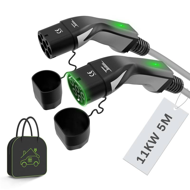 Teskee EV-Ladekabel EV-Ladegerät Typ 2 zu Typ 2 mit Anzeigeleuchten Tragbare Tasche Kompatibel mit Allen EV-Autos Elektrofahrzeugen & Plug-in-Hybridfahrzeugen 11kW 16Amp 5 Meter 3-Phasig Modus 3 von Teskee