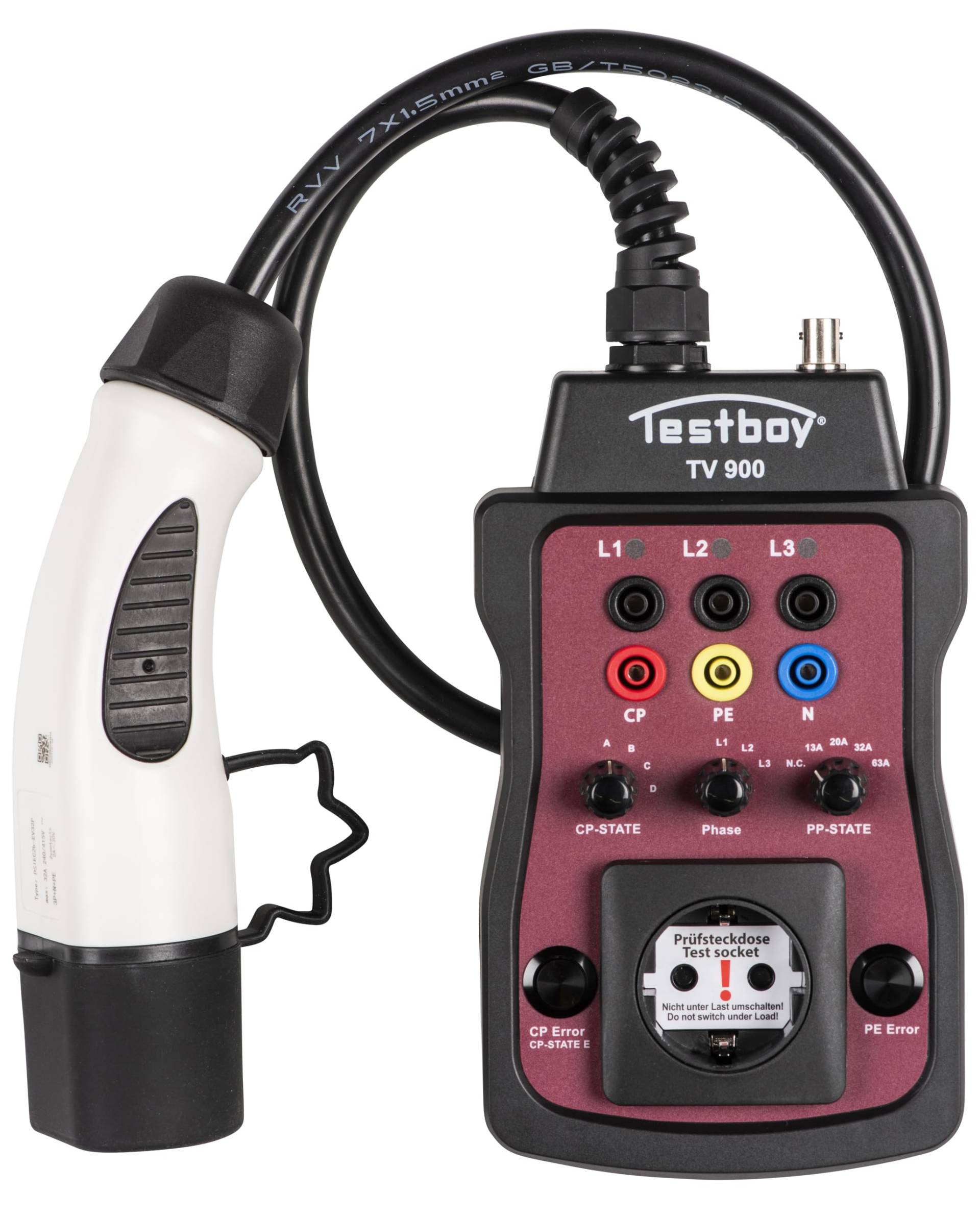 Testboy TV 900 Ladesäulenadapter zur Prüfung von Typ-2 Ladesäulen (Installationstester oder Multimeter anschließbar, integrierte LED, eingebaute Schuko-Steckdose mit Phasenumschaltung), Schwarz/Rot von Testboy