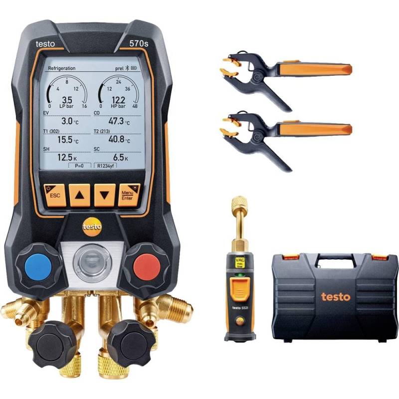 Testo 570s Krümmermessgeräte HVAC - Mikron-Messgerät zur Langzeitmessung an Klimaanlage, Wärmepumpen - Mikrometer-Messgerät HVAC 4-Wege-Ventil und USB-C - Kältemittelmessgerät Bluetooth, von Testo AG