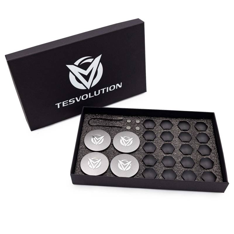 Tesvolution® Radnabenabdeckung für Tesla Model 3 2021 + 2022 + 2023- Aero Radkappen Radmutternset mit Abdeckung Nabendeckel Radnabenset Radnabenkit von Tesvolution