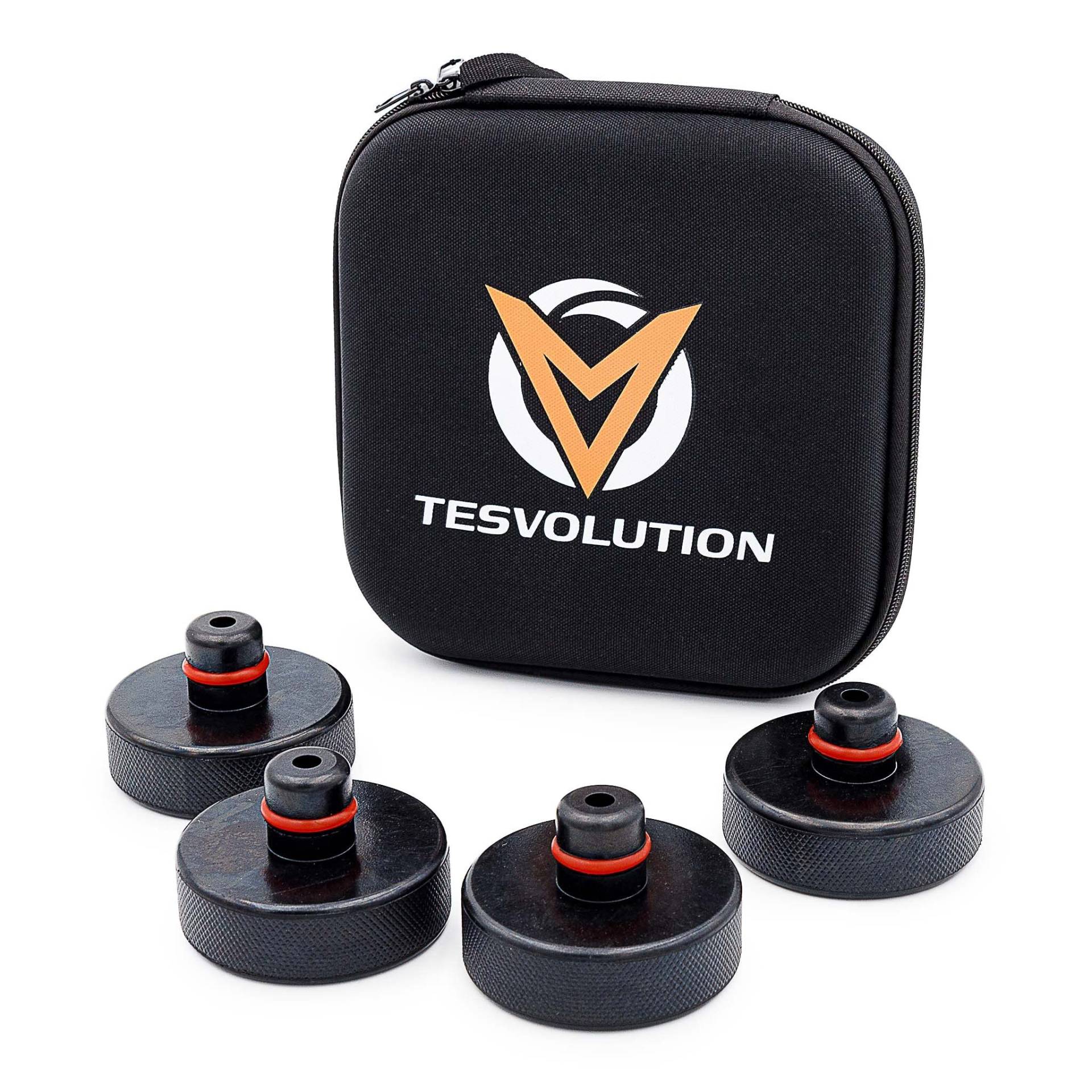 Tesvolution® Wagenheber Aufnahmen Tesla Model 3 Model Y/S/X 2022 + 2023 + 2024 + 2025 - Gummi Auflagen Pads als Adapter für Radwechsel/Reifenwechsel von Tesvolution