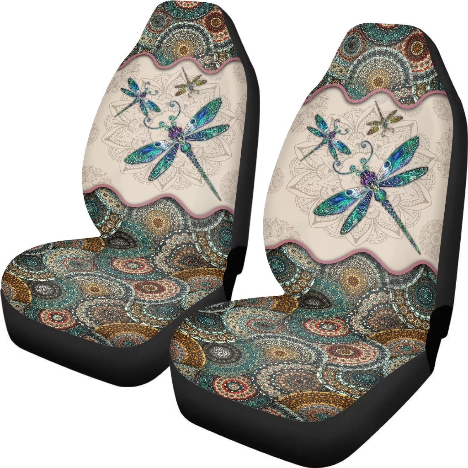 Tevecatos Autositzbezug für Vordersitze, Boho-Mandala, Libellen-Druck, vollständiges Set, 2 Stück, universeller Schalenbezug, hohe Rückenlehne, Auto-Vordersitzbezüge Tevecatos Autositzbezug für Vordersitze, Boho-Mandala, Libellen-Druck, vollständiges Set, 2 Stück, universeller Schalenbezug, hohe Rückenlehne, Auto-Vordersitzbezüge von Tevecatos