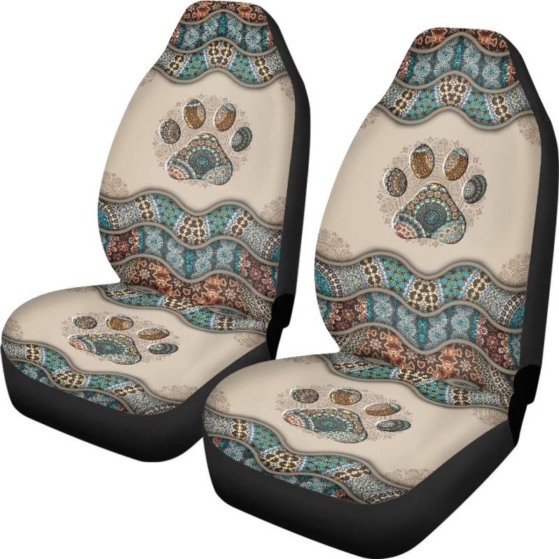 Tevecatos Boho-Mandala-Pfotenabdruck-Autozubehör-Set, 2-teilig, Auto-Vordersitzschoner für Damen und Herren, Mädchen, Autositzkissen von Tevecatos