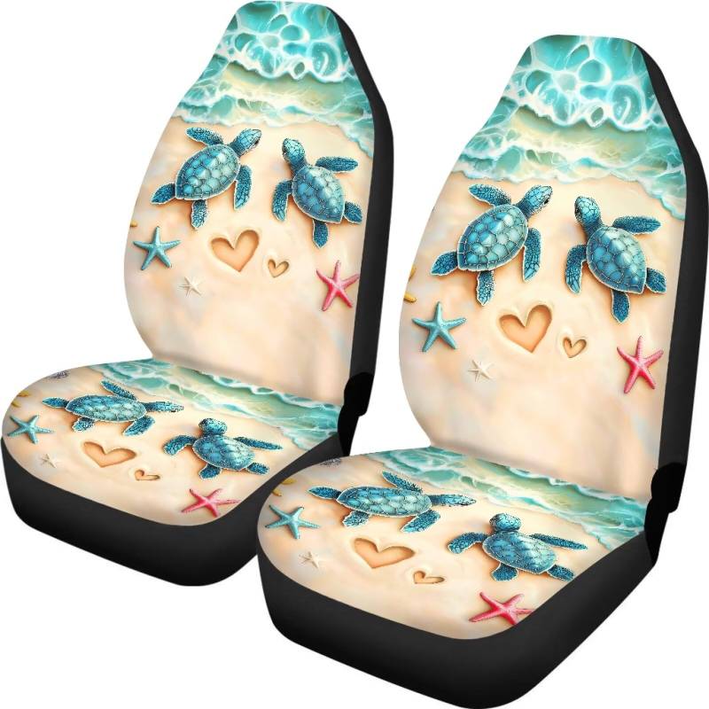 Tevecatos Vordersitzbezug mit Schildkrötenmotiv, Motiv: Seestern, Strand, Herzmuster, 2 Stück, elastischer Schalensitzschutz, langlebiges Autositzkissen, universelle Passform für SUV, Van von Tevecatos