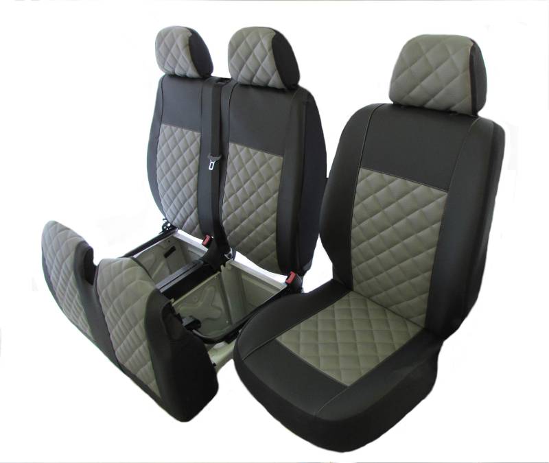 Sitzbezüge aus ECO-Leder, 2+1 (1 Einzelbett, 1 Doppel), Schwarz/Grau Transporter T5 T6 nach 2004 für Links- oder Rechtslenker von Texmar