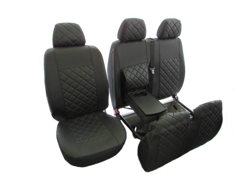 Sitzbezüge aus schwarzem ECO-Leder 2 + 1 Passend für Mercedes Sprinter Crafter 2006–2018 RHD (1 Einzelbett 1 Doppelbett) von Texmar