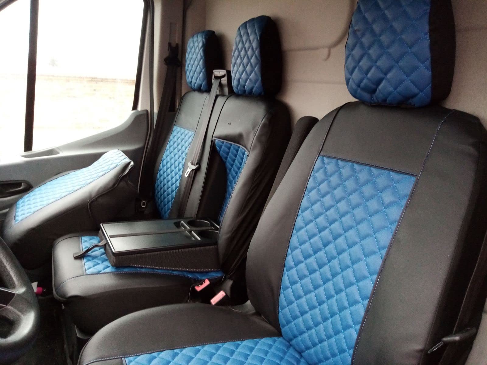 Vordersitzbezüge, 2 + 1, passend für Ford Transit Custom nach 2015, kleine Kabine, blaues Leder, LHD von Texmar