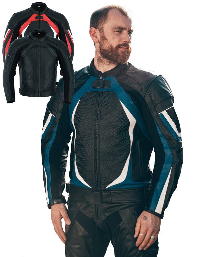 Texpeed Motorrad lederjacke herren mit protektoren - Schwarz Winter/Sommer Gesteppt echtleder Perforiert Bikerjacke - Motorrad biker rüstung gepanzert (EN 1621-1) Blau - 4XL von Texpeed