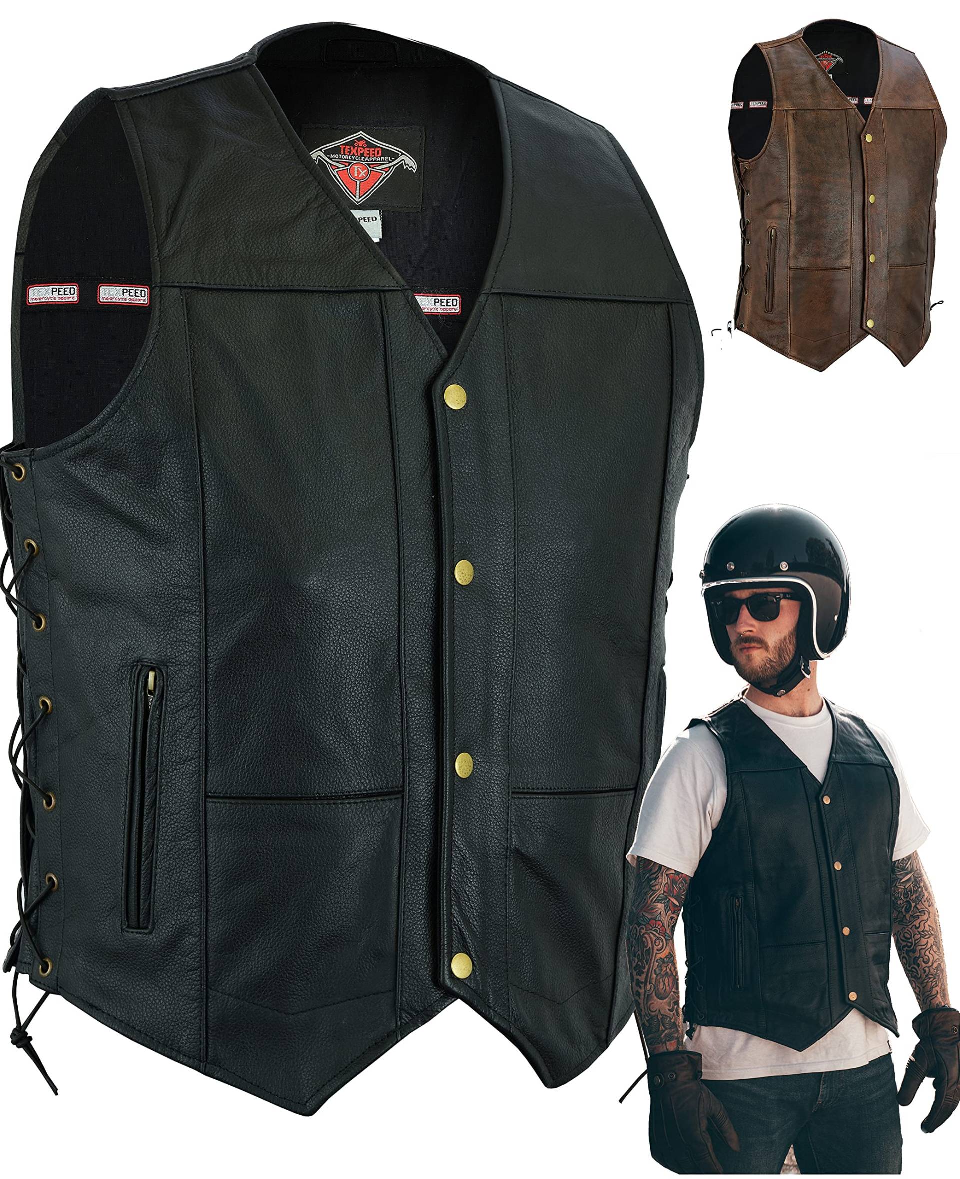 Texpeed motorrad leder weste herren - Chopper biker rocker lederweste - Reißverschlusstaschen mit geschnürt rindleder top-grain echtleder - Schwarz - (8XL) von Texpeed