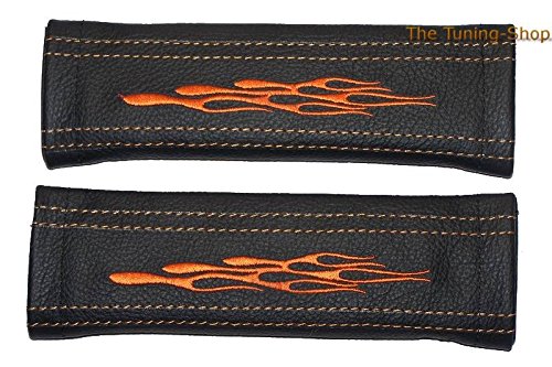 2 x Sicherheitsgurt-Polster, Schulterpolster, schwarzes Leder, orangefarbene Flammen, Stickerei. von The Tuning-Shop