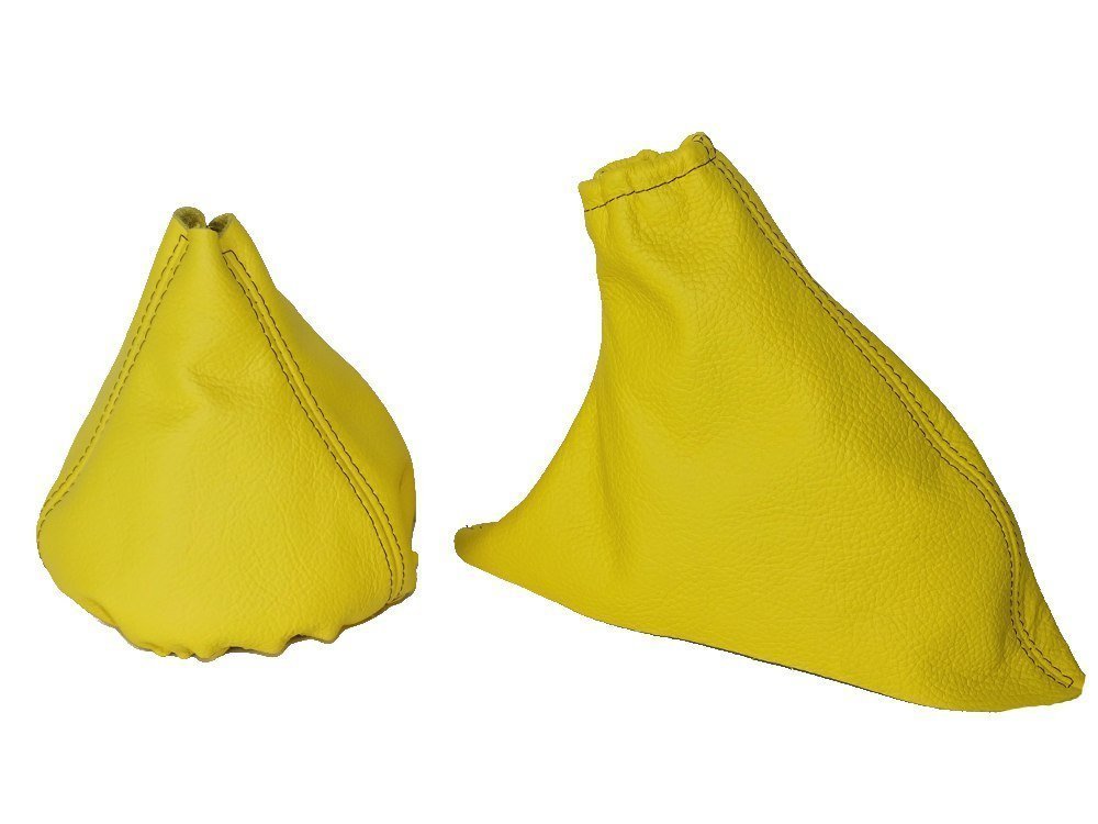 Schaltsack und Handbremsmanschette, gelbes italienisches Leder, schwarze Naht von The Tuning-Shop Ltd
