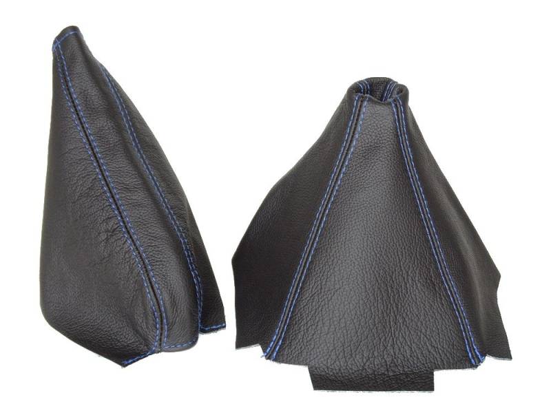 Schaltsack und Handbremsmanschette, schwarzes Leder, blaue Naht von The Tuning-Shop Ltd