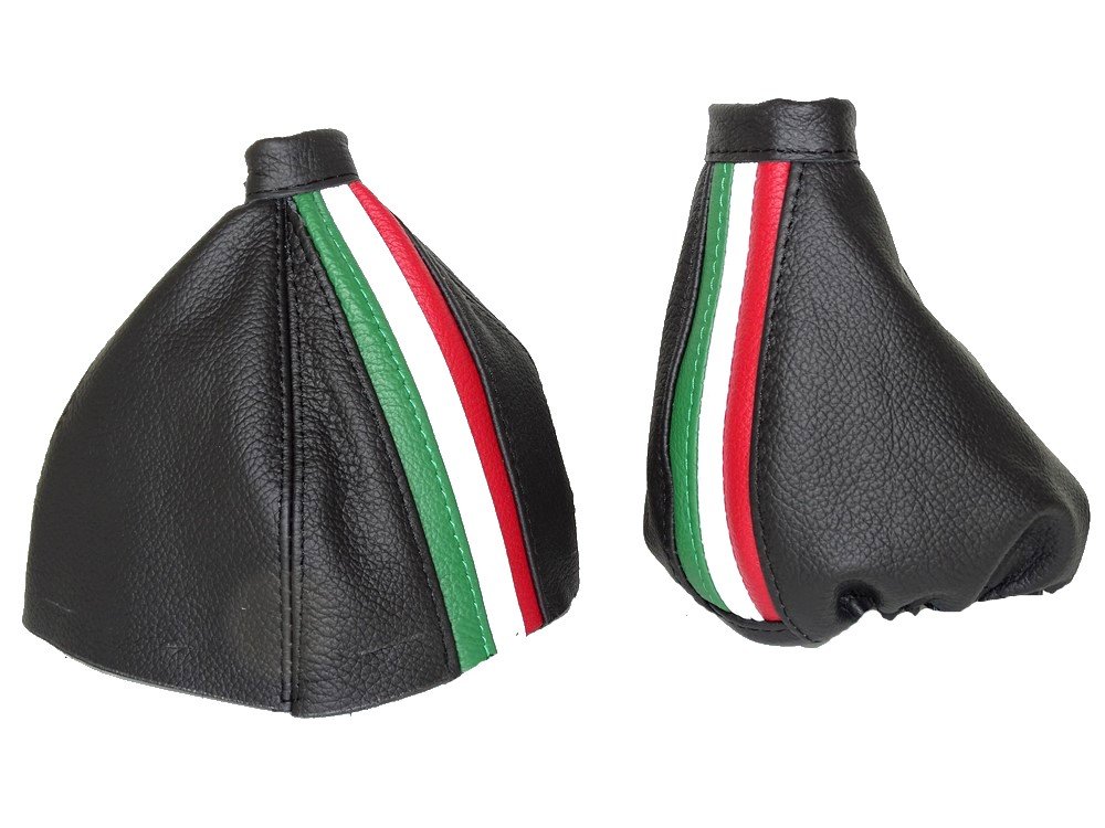 Schaltsack und Handbremsmanschette aus schwarzem italienischem Leder mit italienischen Farbstreifen. von The Tuning-Shop Ltd