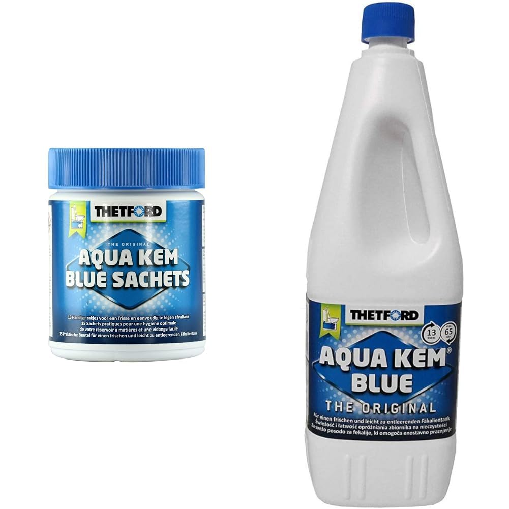 Thetford 301/203 Aqua KEM Blue Sachets, 1er Pack (15 x 25 g) & 30111 Aqua KEM Blue 2 Liter von Thetford