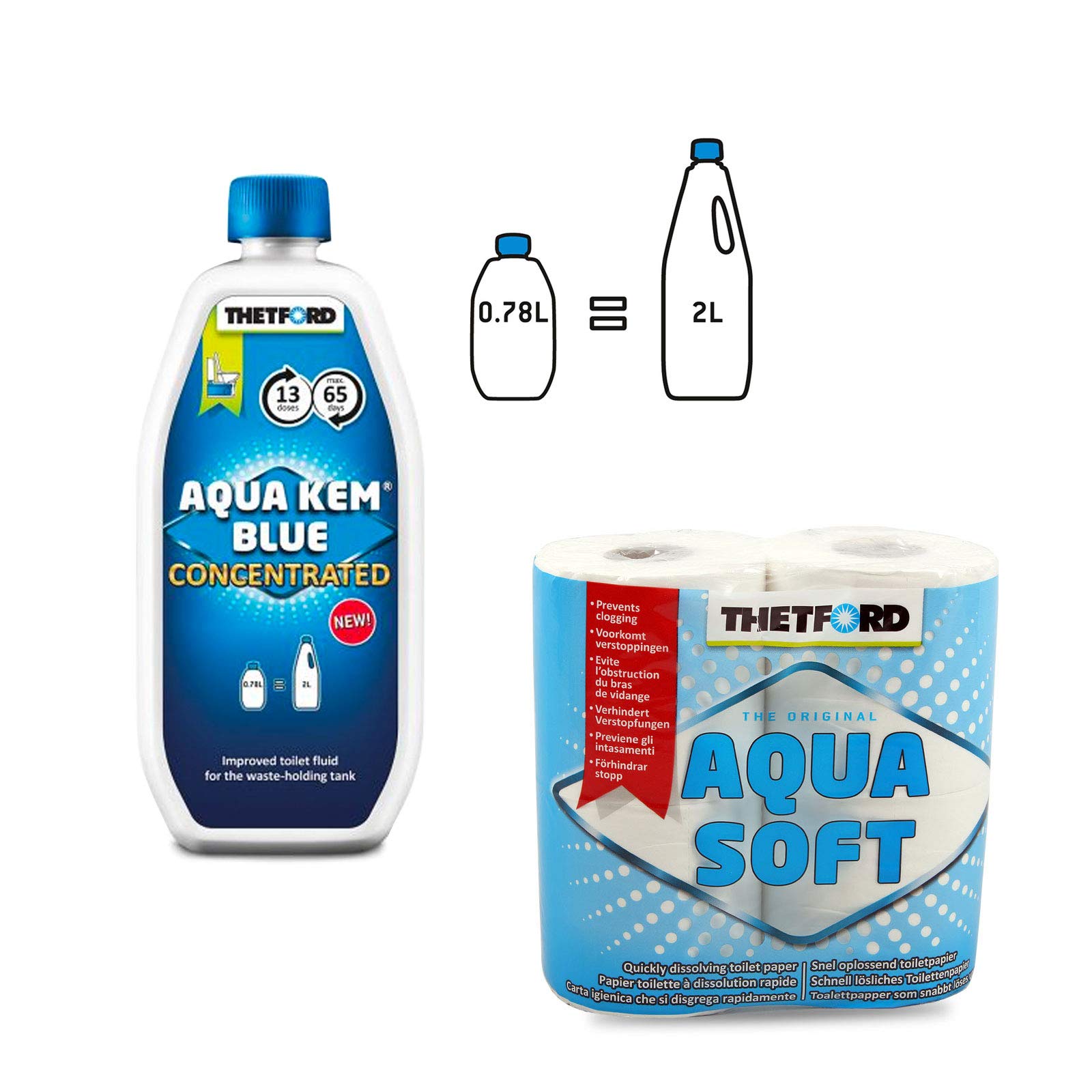 Thetford Aqua Kem Blue Konzentrat Toiletten Zusatz für den Abwasserbehälter (0,78 Liter + Aqua Soft) von Thetford