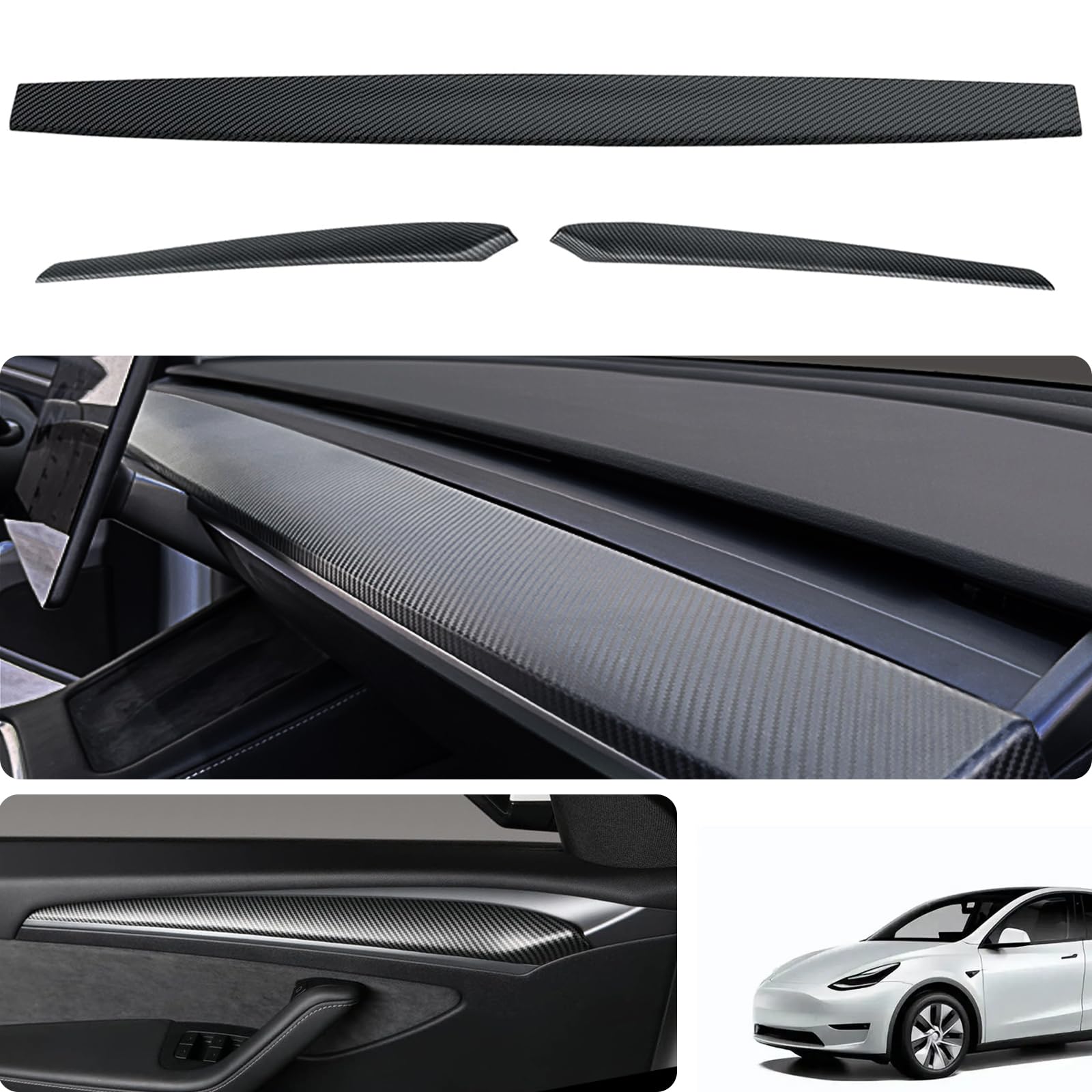 ThinsGO Tesla Model Y Dash Wrap Einteilige Instrumentenabdeckung Armaturenbrettabdeckung Vordere Türverkleidung Innenraum Mattes Kohlefasermuster Dekoratives Wrap-Kit 2023 2022 2021 Tesla Zubehör 3PCS von ThinsGo