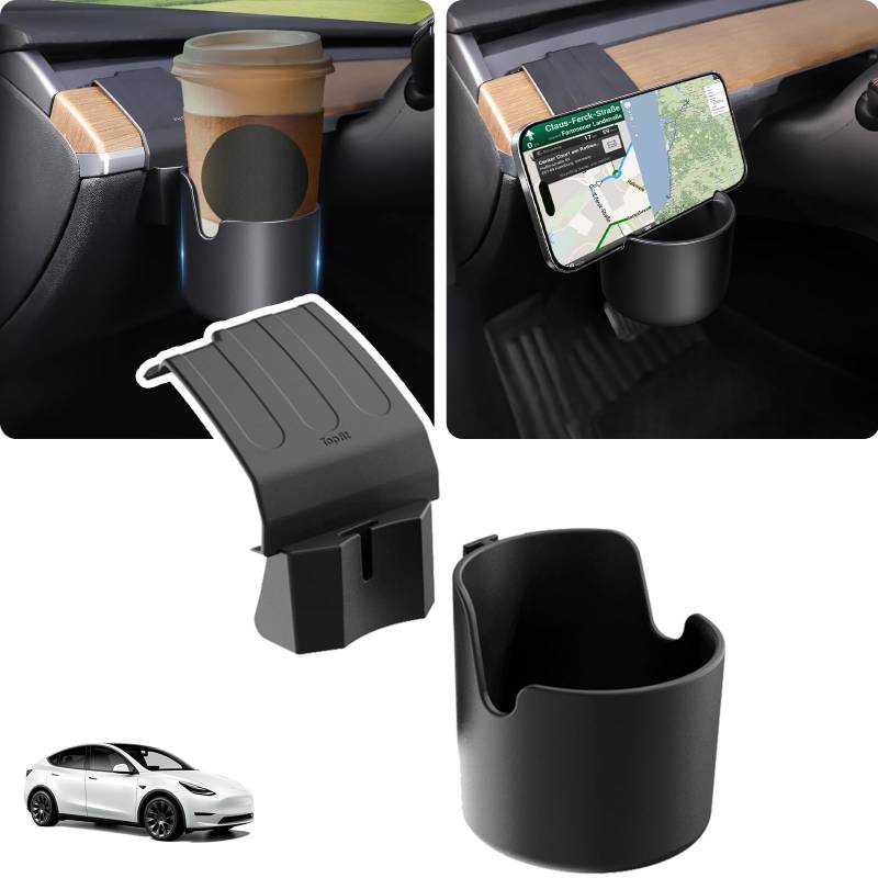 ThinsGo Water Cup Holder für Tesla Model 3/Y Armaturenbrett Klimaanlage Auslass Cup Slot Mobil Phone Bracket neben Lenkrad Tesla Zubehör ABS Schwarz von ThinsGo