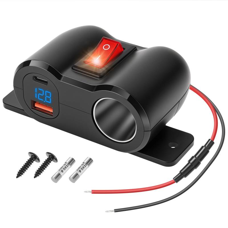 Thlevel 12V 18W QC3.0 USB-A und 36W PD USB-C Steckdose 120W Zigarettenanzünder Autoladegerät Ladebuchse Schnellladebuchse mit LED Voltmeter und Schalten für 12V-24V Auto RV Boot von Thlevel