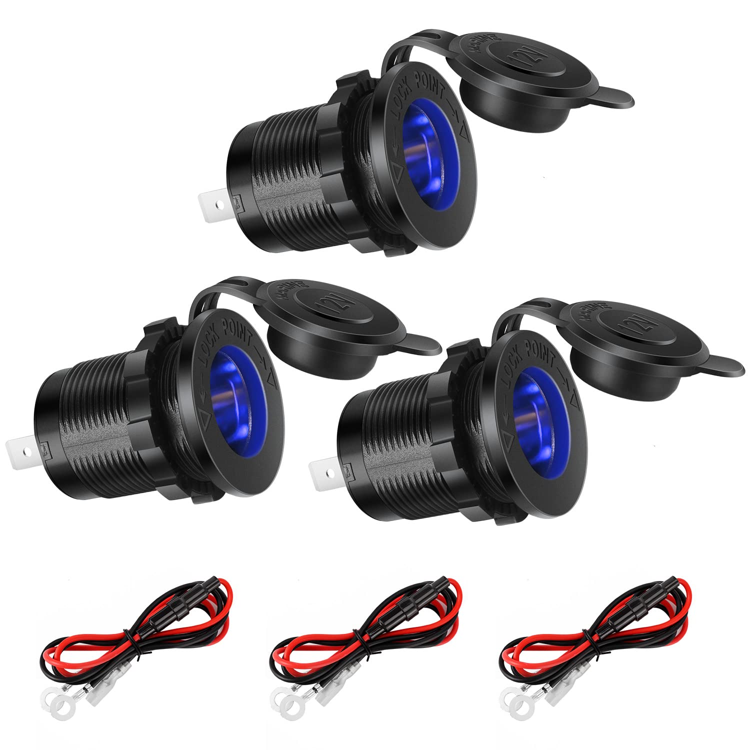 Thlevel 3 Stück Zigarettenanzünder Steckdose Auto Zigarettenanzünder Adapter mit Blau LED Licht Wasserdicht mit 0.6m Anschlusskabel für 12V/24V DC Marine Auto Boot Motorrad von Thlevel