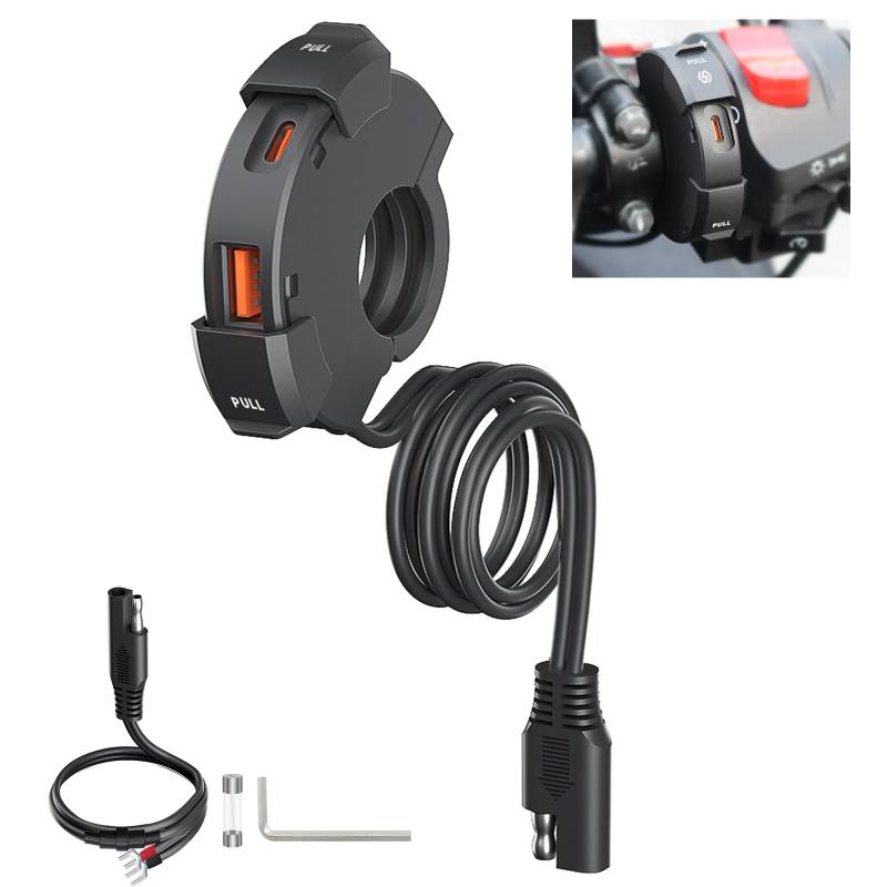 Thlevel USB C Steckdose 12V Motorrad Ladegerät 48W QC3.0 USB-A und PD Type-C Wasserdichter IP65 für 12V-24V von Thlevel