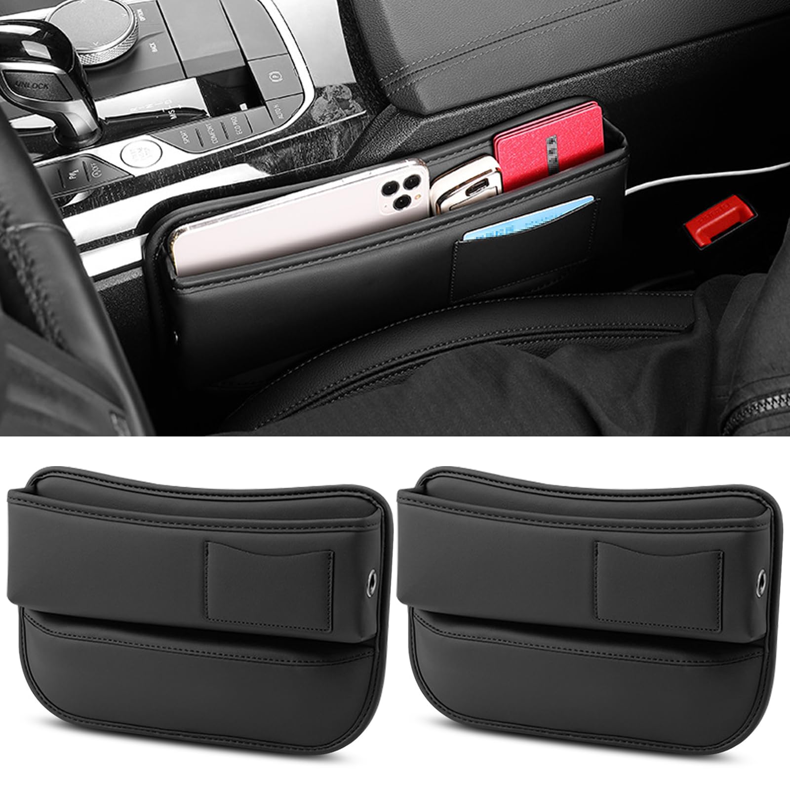 Tianher Autositz Lückenfüller, 2 Stück Autositz Seitentaschen Organizer Auto Mittelkonsole Organizer PU Leder Autositz Catcher Organizer vorne Für Handys,Geldbörse,Karten(Schwarz) von Tianher