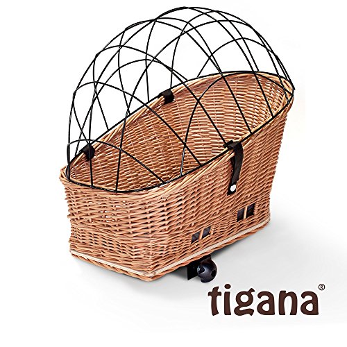Tigana - Hundefahrradkorb für Gepäckträger aus Weide Natur 56 x 36 cm mit Metallgitter Tierkorb Hinterradkorb Hundekorb für Fahrrad + Kissen (N-S) von Tigana