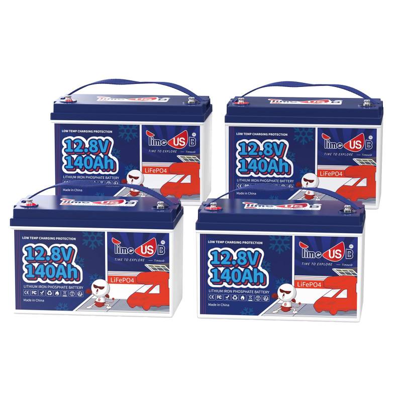 Timeusb (4er-Pack) LiFePO4 12V 140AH Lithium Batterie mit 100A BMS,1792Wh Energie und 1280W Leistung Lithium Akku, Niedrigtemperaturschutz,Perfekt für Wohnmobil,Boot,Camping,Solaranlage,Trolling Motor von Timeusb