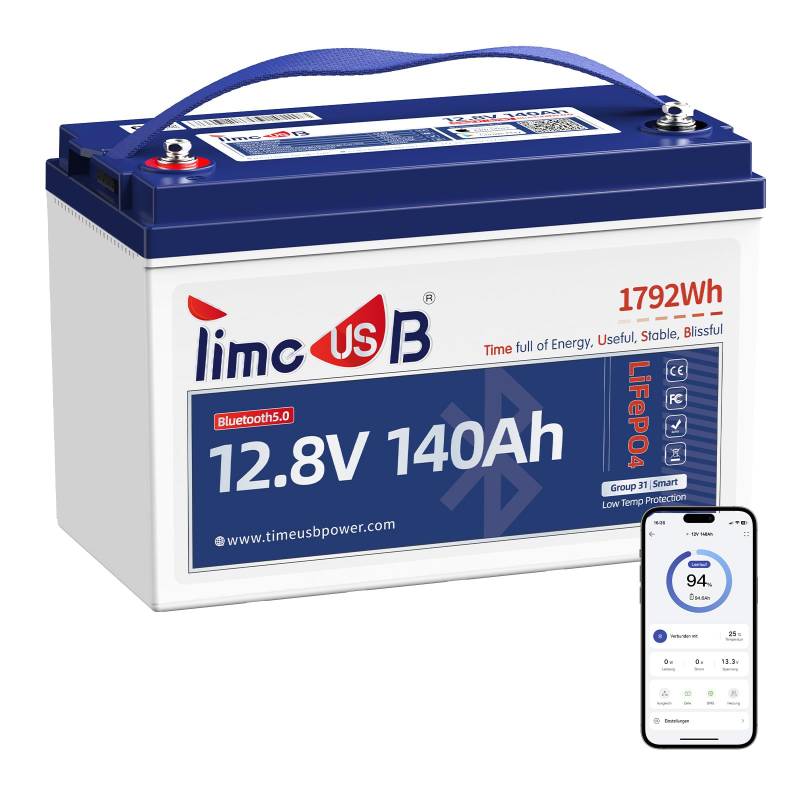 Timeusb 12V 140Ah LiFePO4 Bluetooth Batterie mit 150A Smart BMS, 1792Wh Energie, Tieftemperaturschutz (-20℃), 700A Spitzenstrom,Perfekter Lithium Akku für Wohnmobil, Solar & Off-Grid von Timeusb