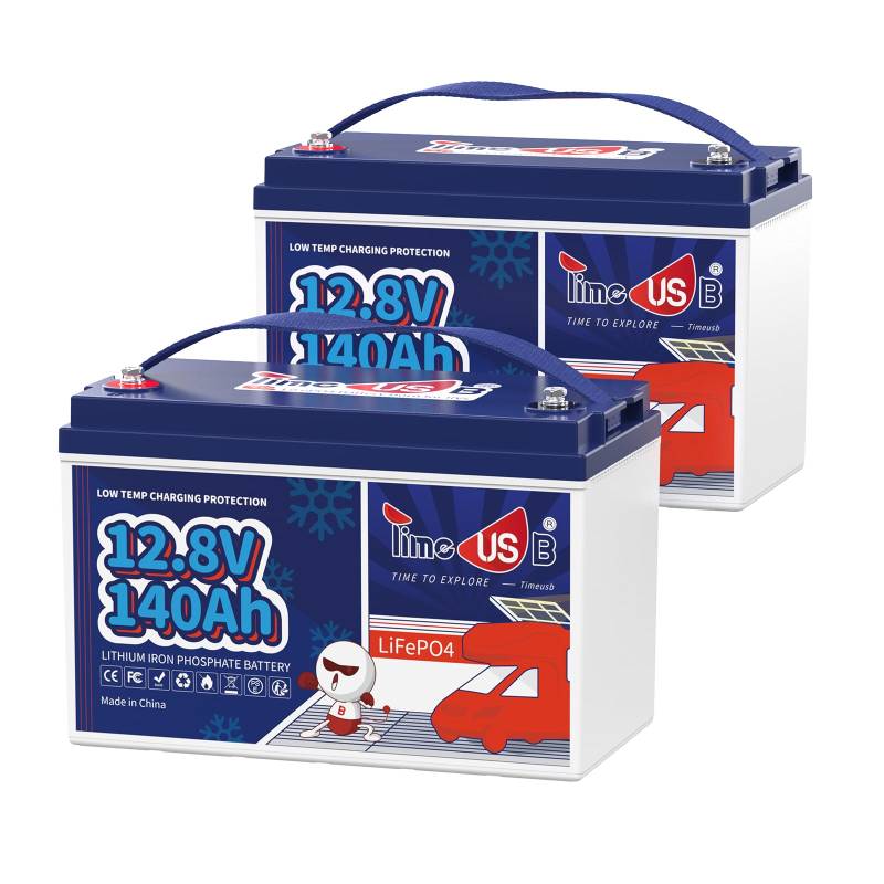 Timeusb (2er-Pack) LiFePO4 12V 140Ah Lithium Batterie mit 100A BMS,Low Temperature Schutz,15000 Tiefzyklus LiFePO4 Akku,Max.1792Wh Energie für Wohnmobil,Boot,Camping,Trolling Motor,Solaranlage von Timeusb