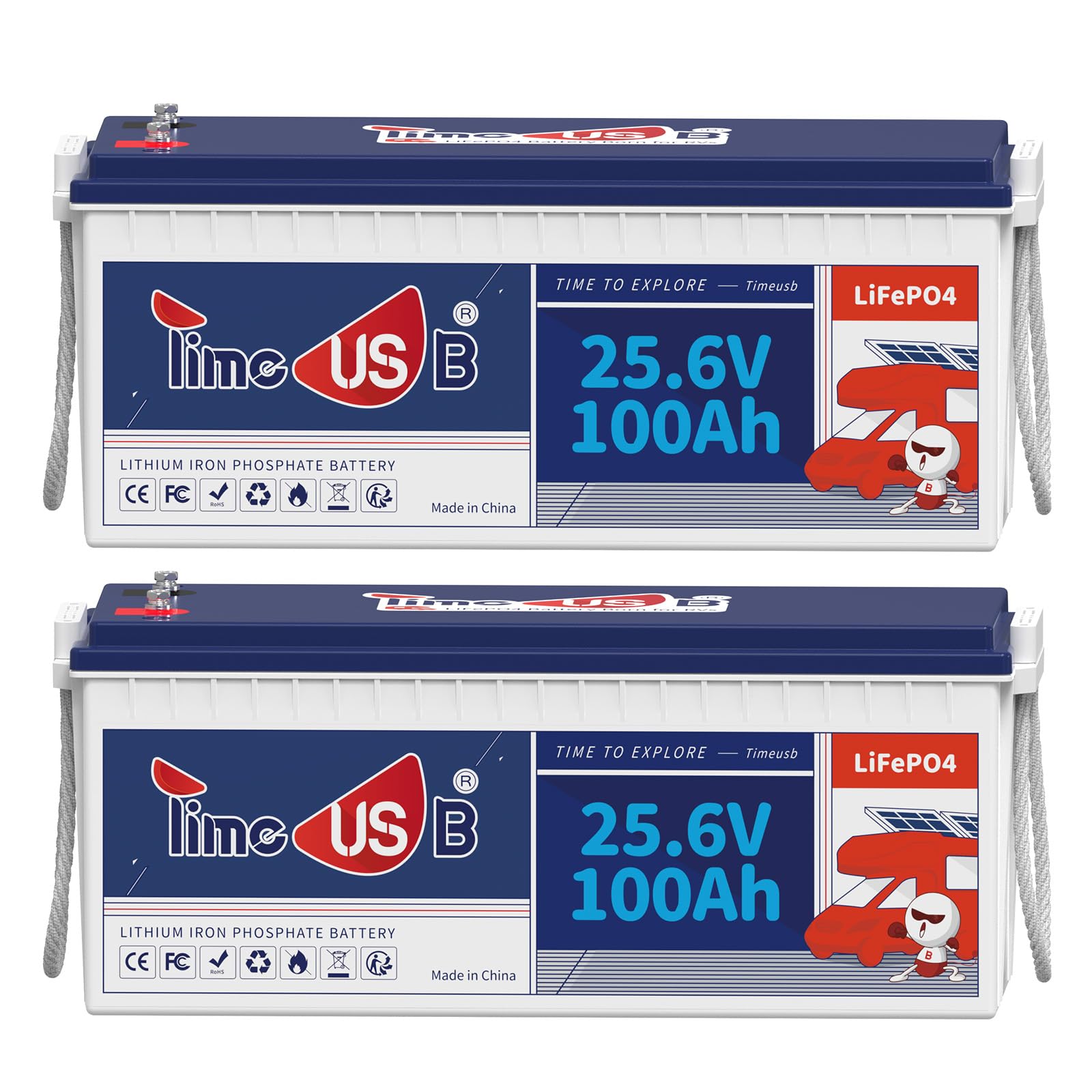 Timeusb 24V 100Ah LiFePO4 Batterie 2 Pack, 2560Wh Lithium Batterie, Deep Cycle Lithium Akku 100A BMS, 10 Jahre Lebensdauer mit Klasse A LiFePO4 Zellen für Wohnmobil Camper Energiespeicher Van Off-Grid von Timeusb