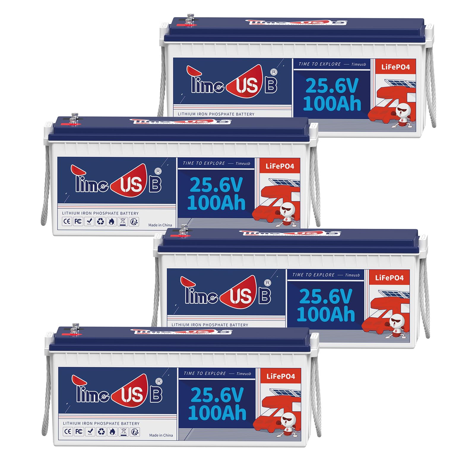 Timeusb 24V 100Ah LiFePO4 Batterie 4 Pack, 2560Wh Lithium Batterie, Deep Cycle Lithium Akku 100A BMS, 10 Jahre Lebensdauer mit Klasse A LiFePO4 Zellen für Wohnmobil Camper Energiespeicher Van Off-Grid von Timeusb