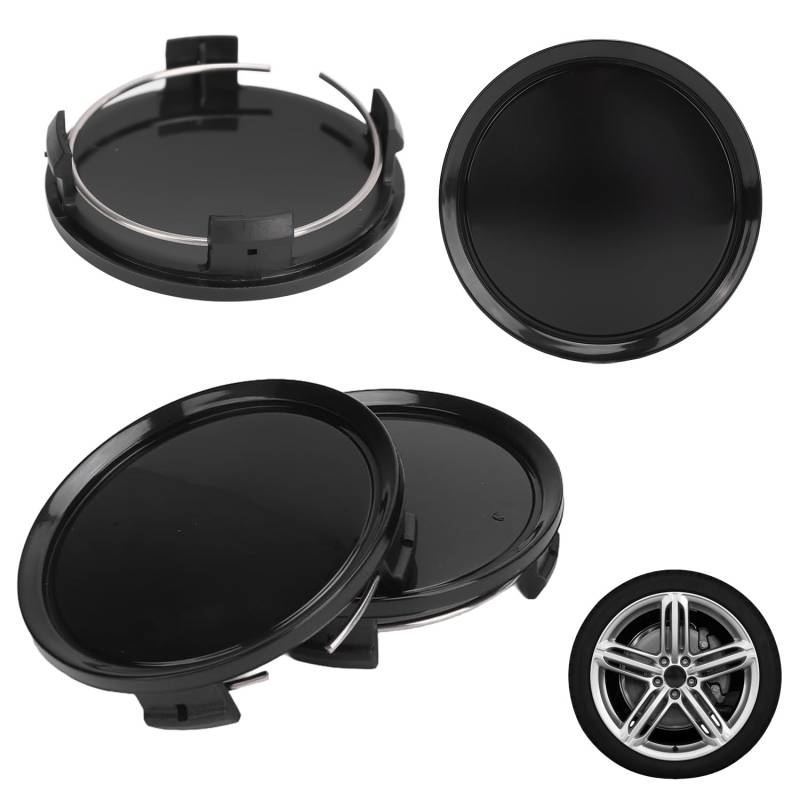4 Stück Nabendeckel 74mm, ABS Metall Radnabenkappen OD 74mm ID 69mm Radnaben Mittelkappen Schwarz Radreifen Mittelfelgen Nabenabdeckung mit Metallring, Radfelgen Naben Mittelkappen für Fahrzeuge von Tissting